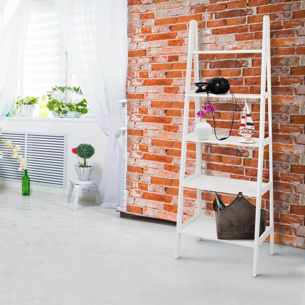 Cascading White Solid Wood 5-Shelf Ladder Bookcase