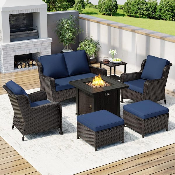 7-Piece Wicker Patio Fire Pit Conversation Set with Dark Blue Cushions 1 Couch,2 Chairs,2 Ottomans,1 Table,1 Fire Pit