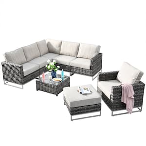 Aries Gray 8-Piece No Assembly Wicker Outdoor Patio Conversation Sectional Sofa Set with Striped Beige Cushions