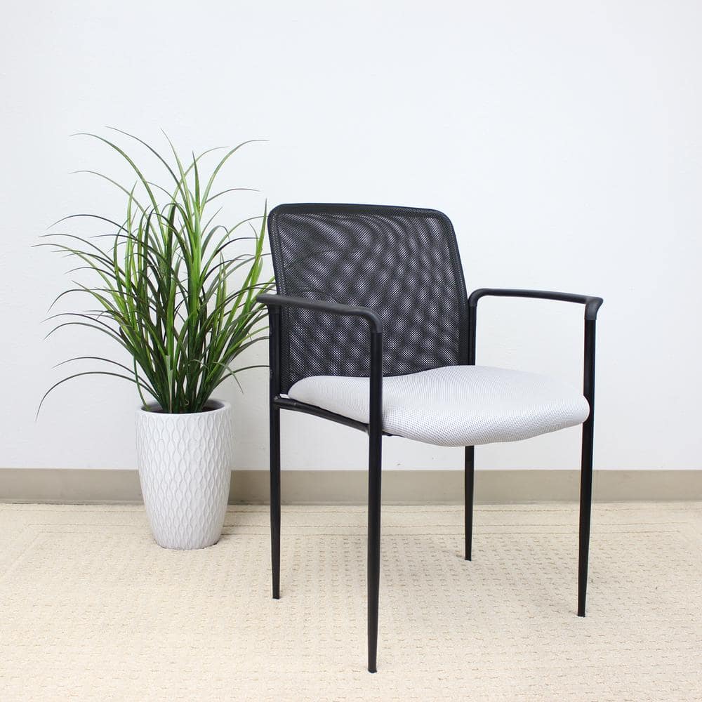 Contemporary Gray Mesh Stacking Guest Chair with Metal and Wood Accents