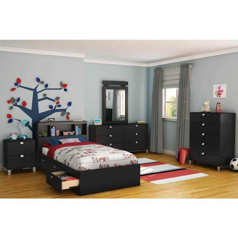 Pure Black Twin Wood Frame Captain's Bed with 3 Drawers
