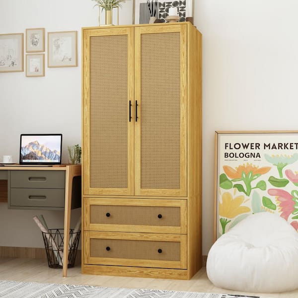 FUFU&GAGA Net rural Wood Grain Wooden Freestanding Coat Storage Cabinet, Wardrobe with 2-Tier Drawers and Hanging Bar