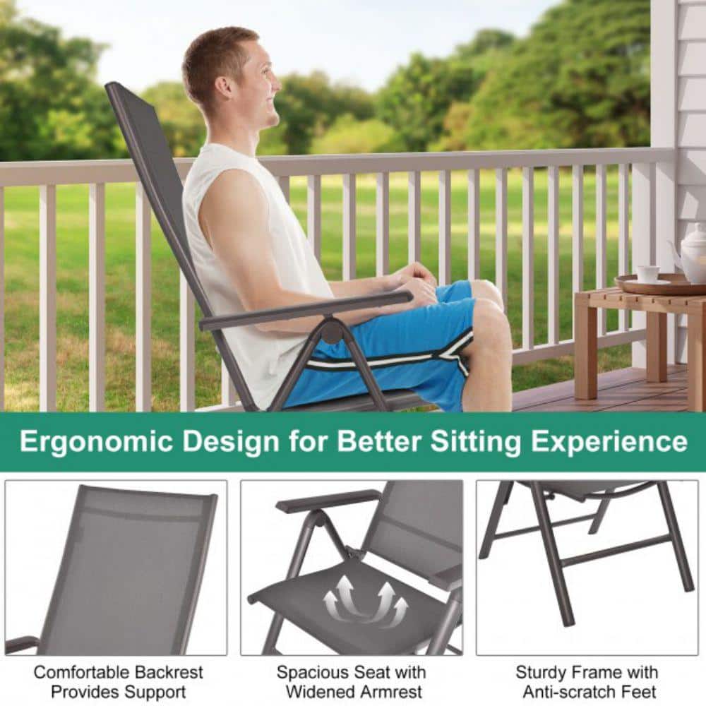 Gray Aluminum Folding Dining Chairs with Adjustable Reclining Backrest, Set of 2
