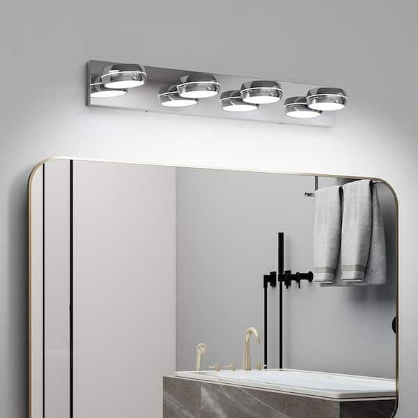28 in. 4-Light Chrome LED Vanity Light Bar with Rotatable Round Lampshades and Modern Design for Bathroom/Wall/Mirror