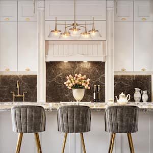 Modern Large Plated Brass Dining Room Chandelier Lighting 5-Light Kitchen Pendant with Drum Clear Seedy Glass Shades