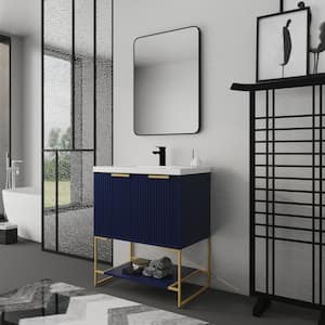 Anky 29.5 in. W x 18.1 in. D x 35 in. H Single Sink Bath Vanity in Navy Blue with White Resin Top