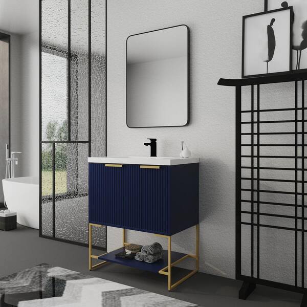 Anky 29.5 in. W x 18.1 in. D x 35 in. H Single Sink Bath Vanity in Navy Blue with White Resin Top
