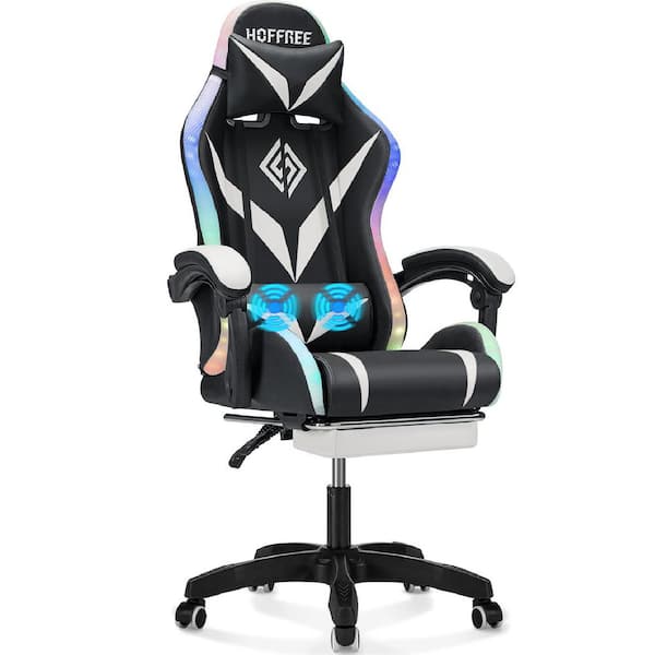 Hoffree Faux Leather Massage Ergonomic Gaming Chair in White with LED Lights Footrest