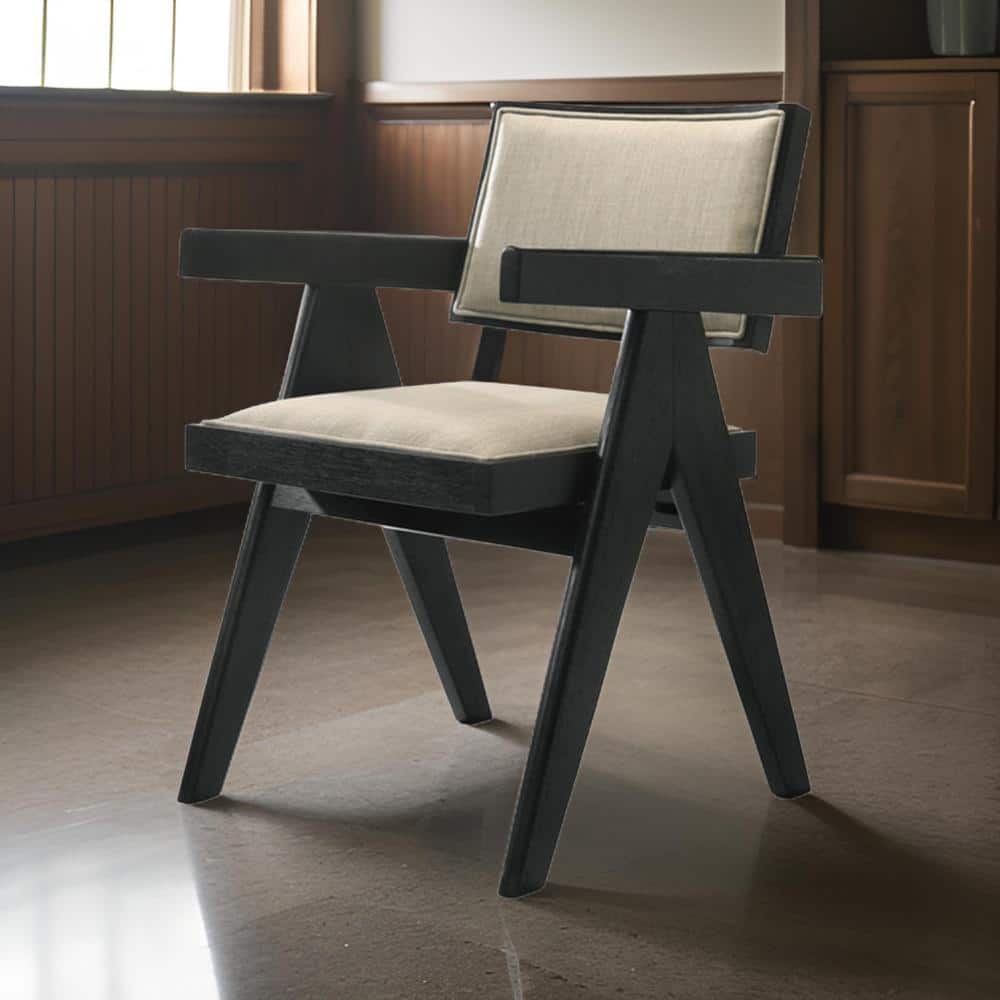 Benjara Black and Beige Fabric Open Back Dining Armchair Set of 2 ...