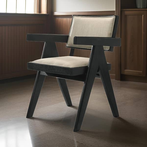 Benjara Black and Beige Fabric Open Back Dining Armchair Set of 2