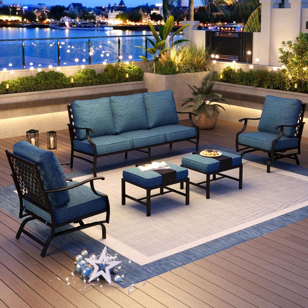 Black 5-Piece Metal Meshed 7-Seat Outdoor Patio Conversation Set with Peacock Blue Cushions 2 Motion Chairs 2 Ottomans price history on PriceWatchPro