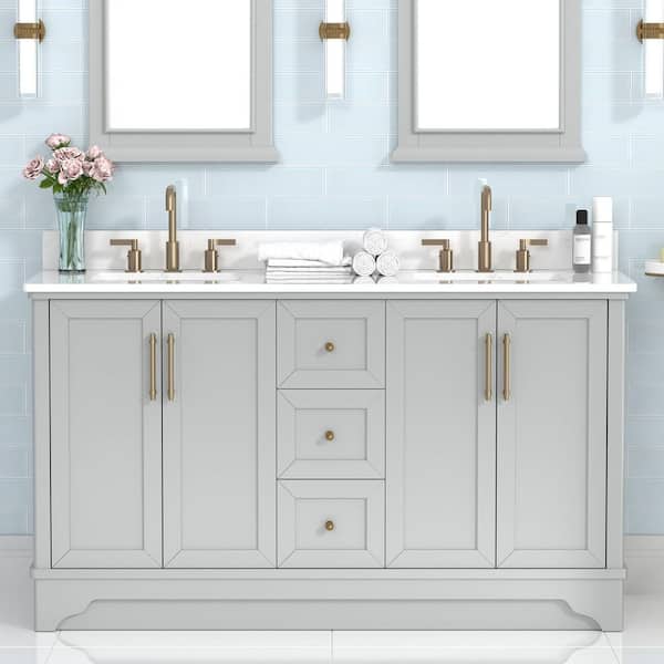 Eastwood 61 in. Double Sink Gray Bath Vanity with Carrara White Engineered Stone Top (Assembled)