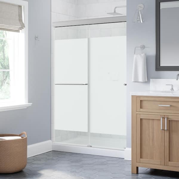 Portwood 44 to 48 in. W x 70-1/4 in. H Semi-Frameless Sliding Shower Door in Chrome with 1/4 in. Privacy Glass