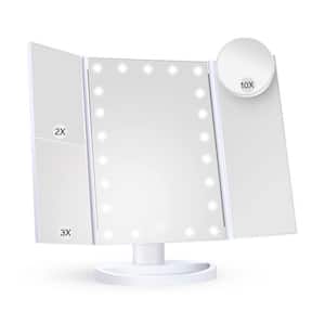14 in. x 10 in. Tabletop Trifold Bathroom Makeup Mirror Vanity Mirror in White with 22 LED Lights
