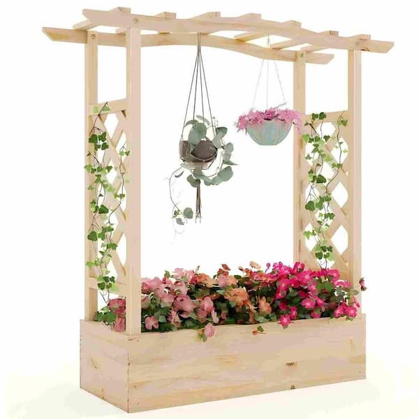 Wood Color Wood Rectangular with Trellis Garden Bed Planter with Trellis, Hanging Roof, Shade for Climbing Plants
