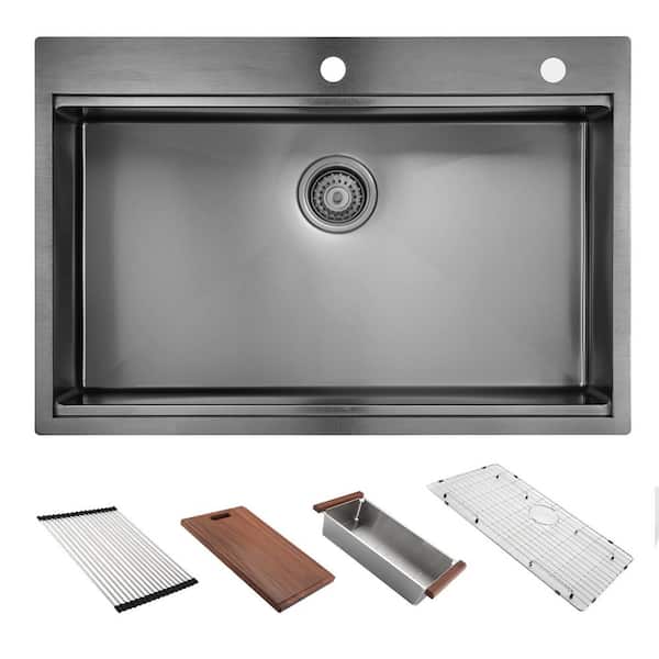 36 in. Drop-in Single Bowl 16-Gauge Gunmetal Black Stainless Steel Kitchen Sink with Workstation