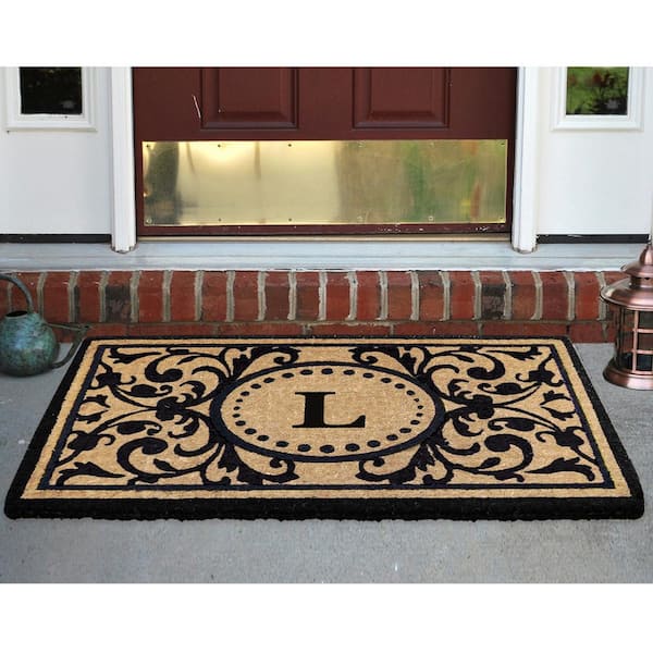 Heavy Duty Black 30 in. x  48 in. Coir Heritage Monogrammed L Indoor Outdoor Door Mat