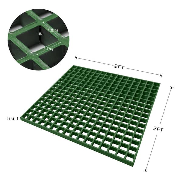 Wellco 1.5 in. x 1.5 in. x 1 in., 2 ft. x 2 ft., Fiberglass Molded Grating Composite for Outdoor Drain Cover Deck Tile in Green