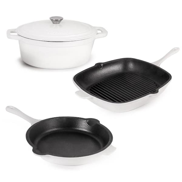BergHOFF Neo 4-Piece Cast Iron Cookware Set, Grill Pan, Fry Pan and Oval Dutch Oven, White