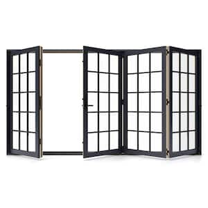 W5500 124 in. x 80 in. Black Left Hand/Outswing Aluminum Clad Wood 4-Panel Prehung Folding Patio Door w/15-lite grid