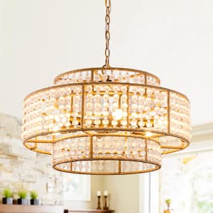 Modern Farmhouse 6-Light Antique Gold Durm Chandelier for Kitchen Island with Crystal Shade