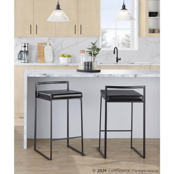LumiSource Fuji 27.75 in. Black Faux Leather and Black Metal Stackable Counter Stool (Set of 3)