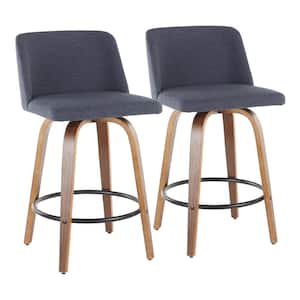 Toriano 26 in. Walnut and Blue Fabric Counter Stool with Round Black Footrest (Set of 2)