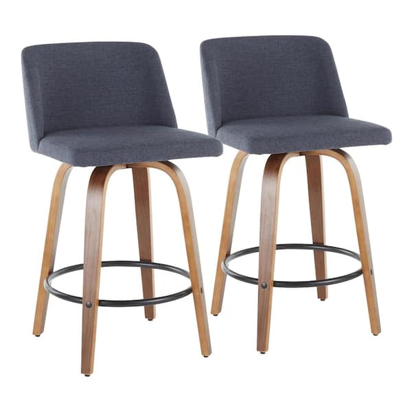 Lumisource Toriano 26 in. Walnut and Blue Fabric Counter Stool with Round Black Footrest (Set of 2)
