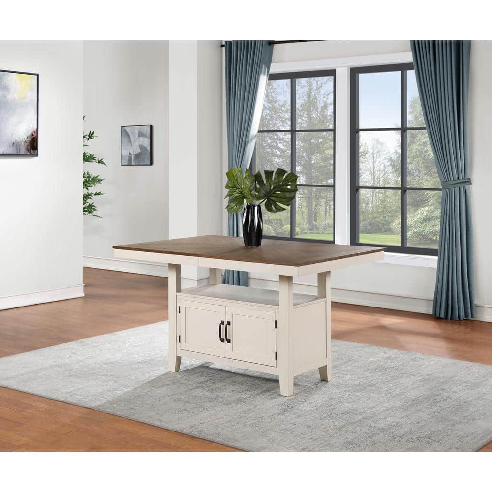 Hyland White and Walnut Brown Wood 60 in. Column Rectangular Counter Dining Table Seats 8 with 20 in. Leaf