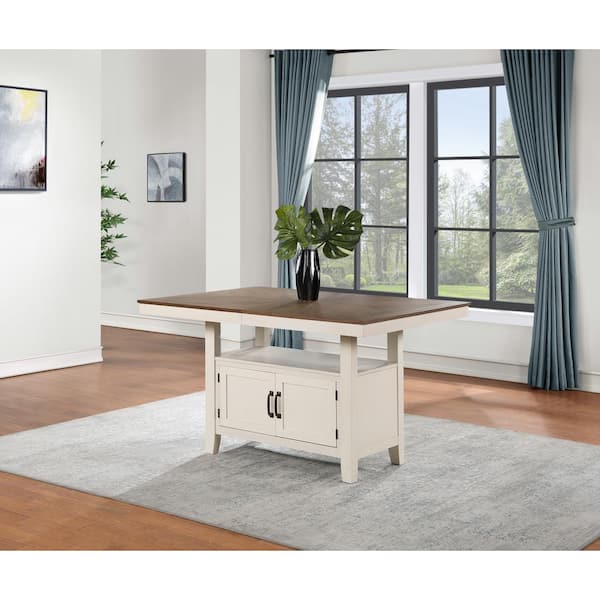 Steve Silver Hyland White and Walnut Brown Wood 60 in. Column Rectangular Counter Dining Table Seats 8 with 20 in. Leaf