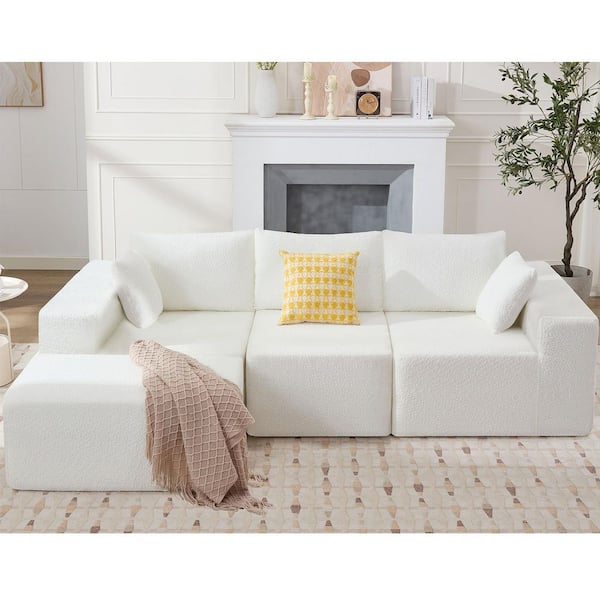 Modern 103 in. Square Arm 4-piece L-Shaped Chenille Modular Sectional Sofa in White with Chaise, No Assembly Required