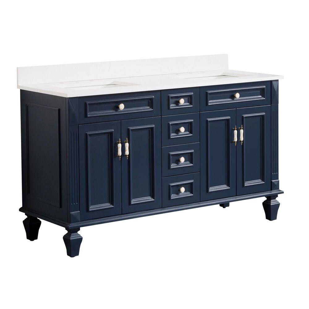 Artwood 60 in. Double Sink Solid Wood Navy Blue Vanity with Carrera White Top and LED Medicine Cabinet Assembled, Combo price history on PriceWatchPro