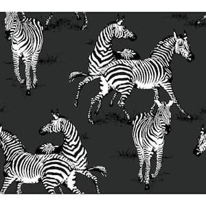 40.5 sq. ft. Charcoal Playful Zebras Vinyl Peel and Stick Wallpaper Roll