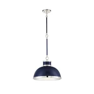 Corning 16 in. W x 11 in. H 1-Light Navy with Polished Nickel Accents Shaded Pendant Light with Metal Dome Shade