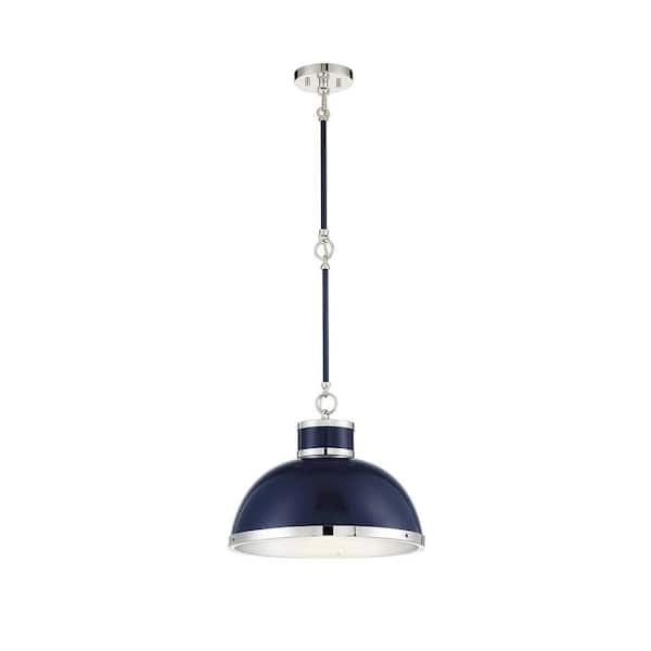 Savoy House Corning 16 in. W x 11 in. H 1-Light Navy with Polished Nickel Accents Shaded Pendant Light with Metal Dome Shade