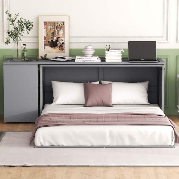 Gray Wood Frame Queen Size Murphy Bed with Rotatable Desk