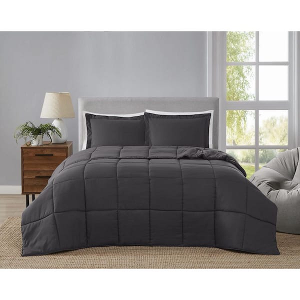 Everyday Reversible Dark Grey Full/Queen 3 Piece Microfiber Comforter Set