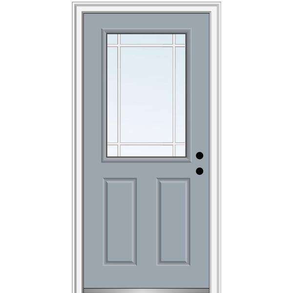 MMI Door 36 in. x 80 in. Prairie Internal Muntins Left-Hand Inswing 1/2-Lite Clear Painted Fiberglass Smooth Prehung Front Door