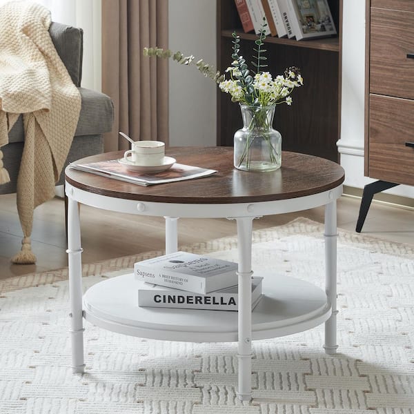 Karl home 25.6 in. Vintage Reddish Brown Round MDF Coffee Table with 2-Tier Storage
