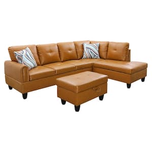 StarHomeLiving 66.5 in. W Round Arm 3-Piece Leather Rectangle Sectional Sofa in Orange