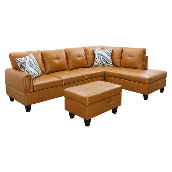 Star Home Living StarHomeLiving 66.5 in. W Round Arm 3-Piece Leather Rectangle Sectional Sofa in Orange