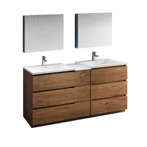 Lazzaro 72 in. Modern Double Bathroom Vanity in Rosewood with Vanity Top in White with White Basins and Medicine Cabinet