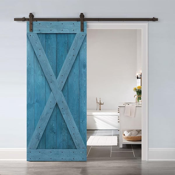 X Series 42 in. x 84 in. Solid Ocean Blue Stained DIY Pine Wood Interior Sliding Barn Door with Hardware Kit