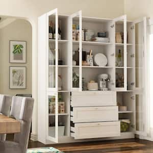 White Wood 63 in. W Sideboard Accent Storage Cabinet Bookcase with Acrylic Glass Doors and 3 Drawers