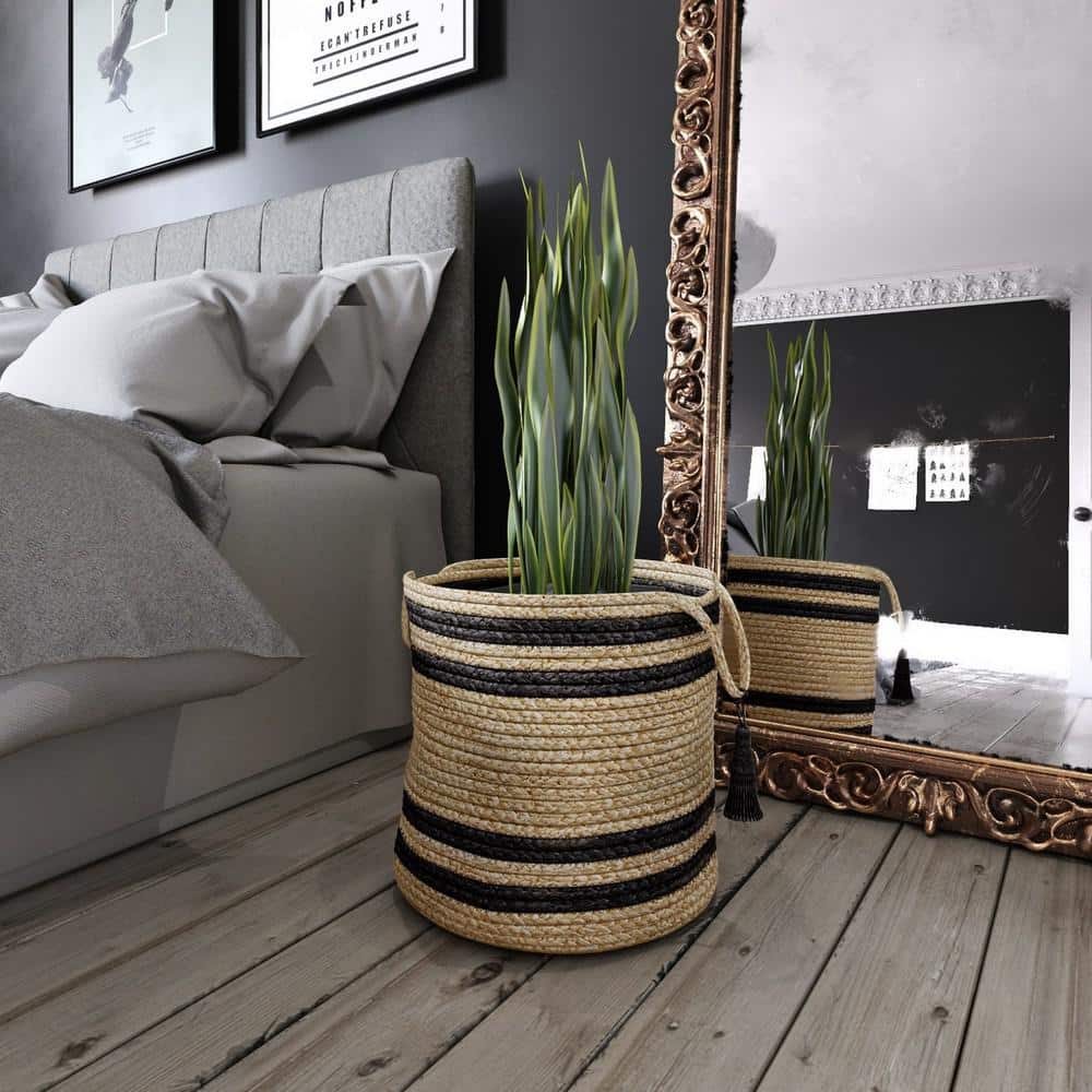 17" Natural Jute Round Storage Basket with Black Stripes