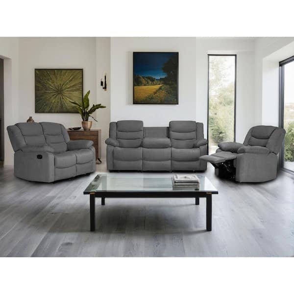 3 Piece Fabric Gray Manual Reclining Sofa Set with Drop-Down Table and Cup Holders,Living Room Set