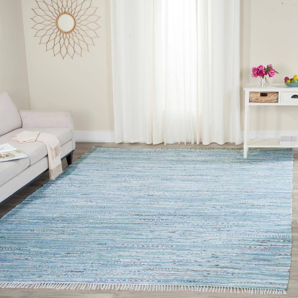 Light Blue Handmade Cotton 9' x 12' Flat Woven Rug