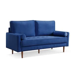 Bolstered Modern 69 in. Wide Square Arm Velvet Polyester Modern Rectangle Sofa with 2 Bolster Pillows in Blue