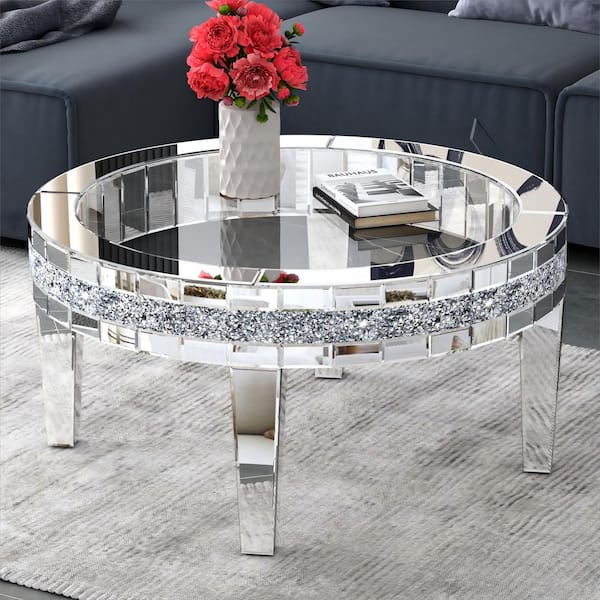 Silver 35.5 in. W x 17.7 in. H Round Full Length Mirror Glass Coffee Table with Mirrored Diamond Inlay