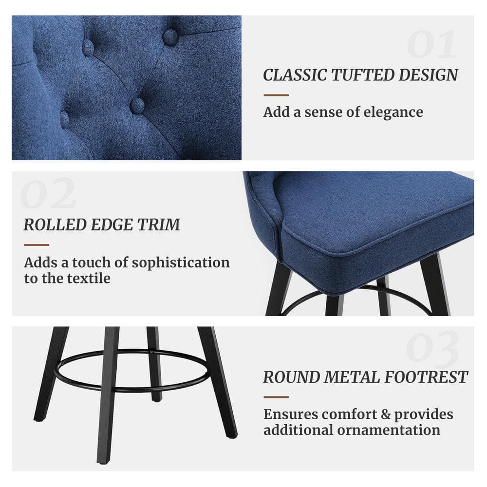 Navy Upholstered Swivel Counter Stool with Tufted Back and Metal Legs